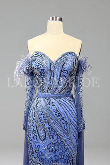 Feather Beaded High-Slit Mermaid Dress - LAROSABRIDE