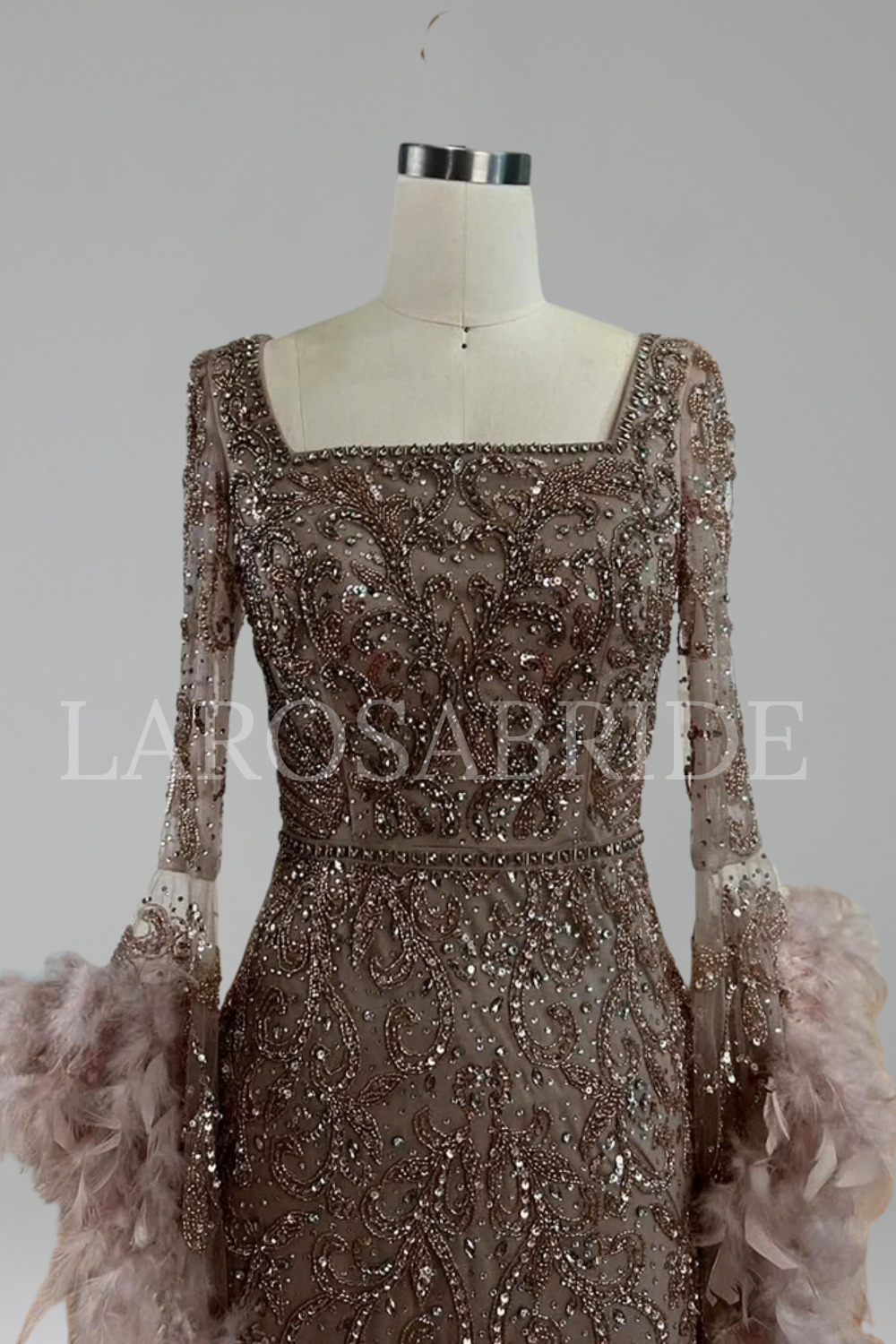 Feathered Beaded Mermaid Dress - LAROSABRIDE