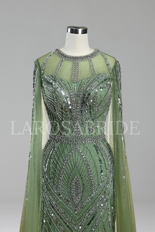 Beaded Mermaid Dress with Cape Sleeves