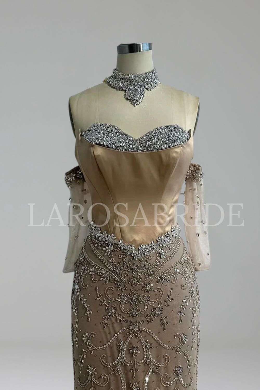 Beaded Sheer Gown with Gloves - LAROSABRIDE