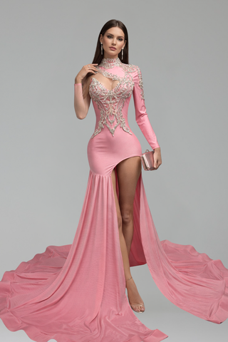 Pink Asymmetric Embellished High Slit Gown