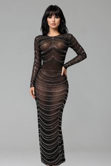 Sheer Crystal Embellished Long Sleeve Gown - LAROSABRIDE