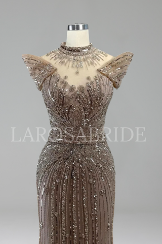 Caramel Beaded Mermaid Evening Dress - LAROSABRIDE