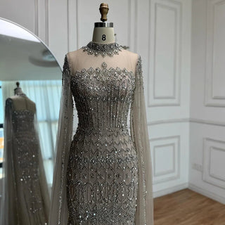 High-Neck Beaded Cape Gown