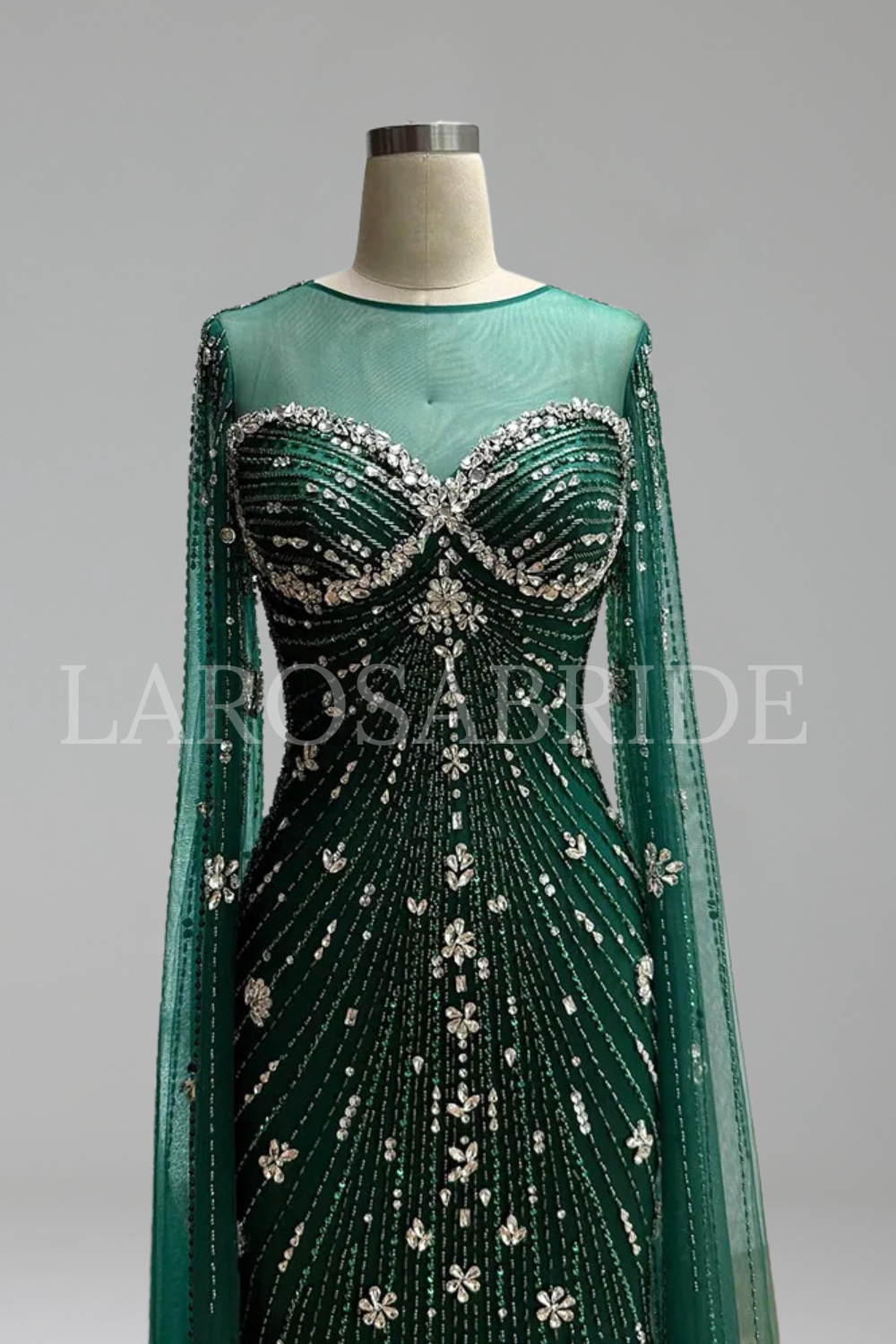 Beaded Mermaid Dress with Cape Sleeves - LAROSABRIDE
