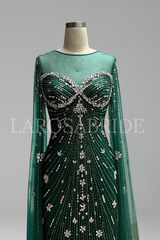 Beaded Mermaid Dress with Cape Sleeves - LAROSABRIDE