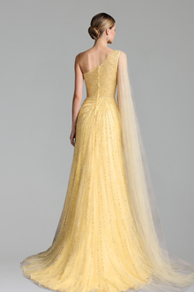One-shoulder gown with cape and side slit-Larosabride
