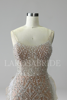 Feather-Accented Spaghetti Mermaid Dress - LAROSABRIDE