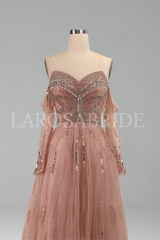 Long Sleeve Crystal Mermaid Gown - LAROSABRIDE