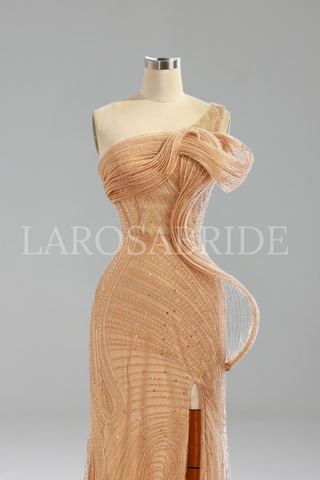 One Shoulder Beaded Mermaid Gown - LAROSABRIDE