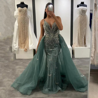 Ships in 2 to 5 Days - 2025 Custom Turquoise Strapless Mermaid Evening Gown – Saudi-Inspired Formal Dress with Overskirt