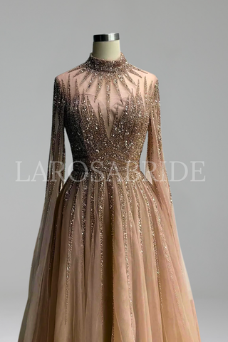 Beaded Cape Sleeve A-Line Dress - LAROSABRIDE