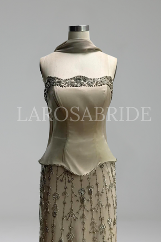 Satin Beaded Gown with Bodice - LAROSABRIDE
