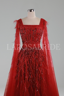 Beaded Feather A-Line Gown - LAROSABRIDE