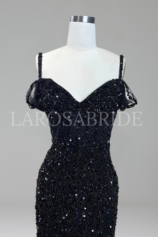 Feather Beaded Split Mermaid Gown