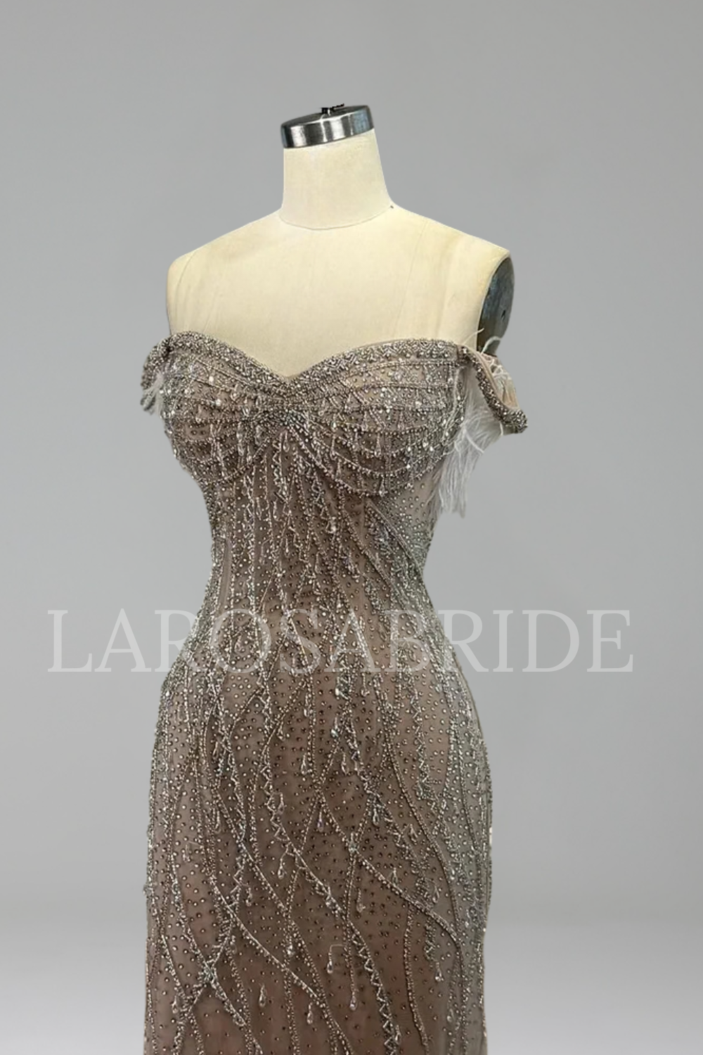 Beaded Feather Mermaid Evening Gown - LAROSABRIDE