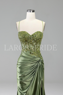 Satin Lace Beaded Slit Gown - LAROSABRIDE