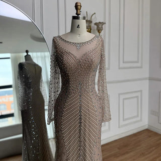 Sheer-Sleeve Crystal Illusion Gown