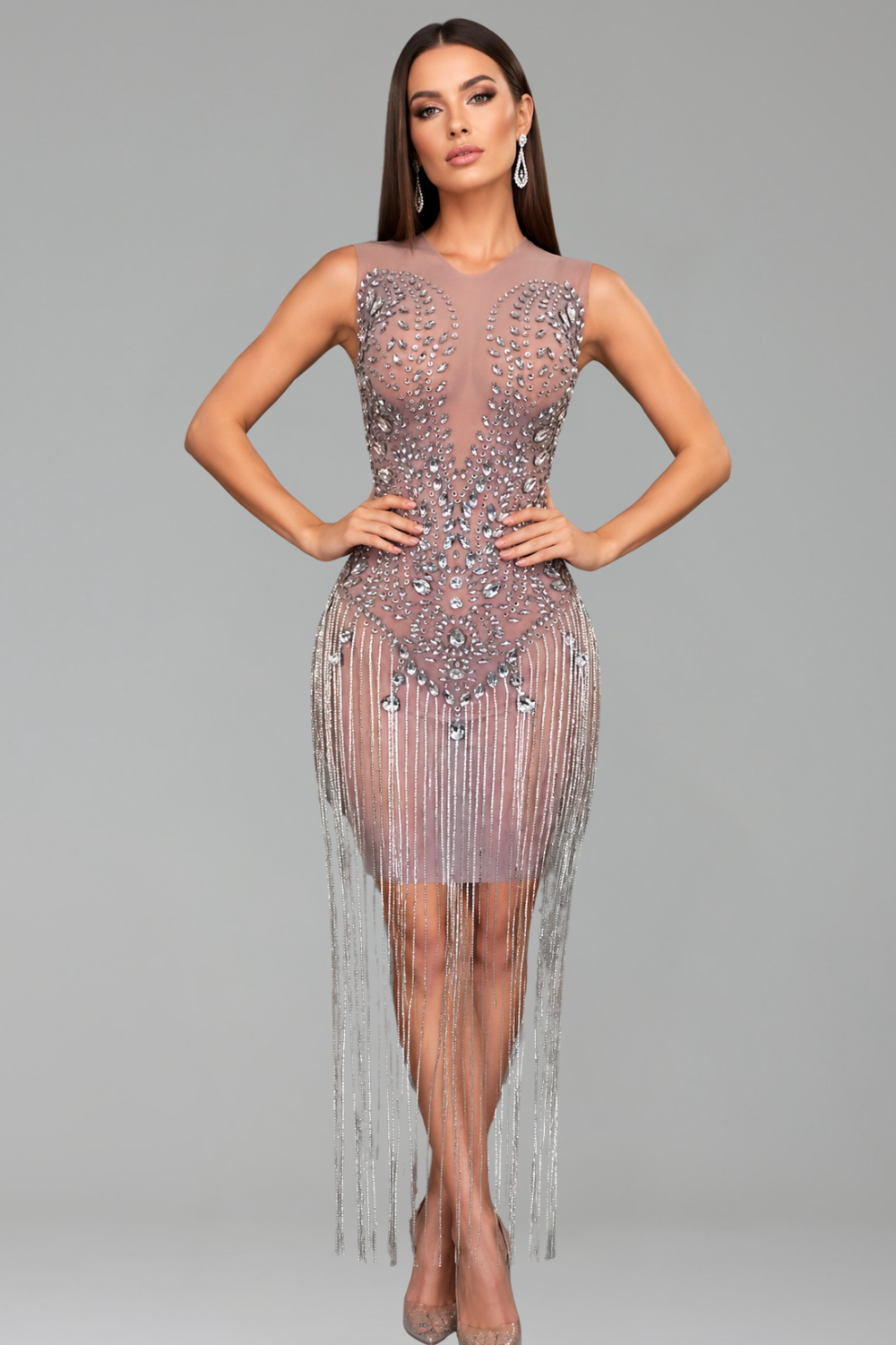 Crystal Fringe Illusion Dress - LAROSABRIDE