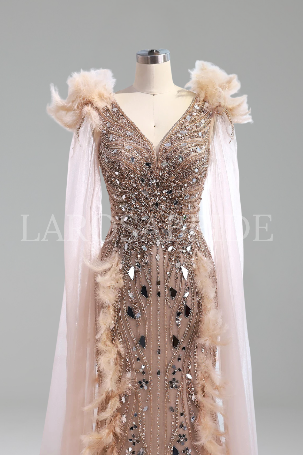 Feather Mirror Beaded Mermaid Gown - LAROSABRIDE