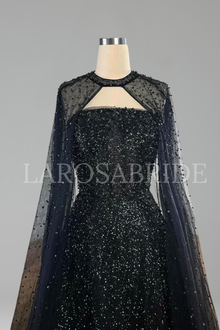 Beaded Mesh Cape Gown - LAROSABRIDE
