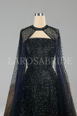 Beaded Mesh Cape Gown - LAROSABRIDE