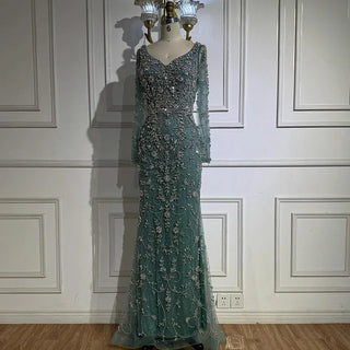 Ships in 2 to 5 Days - Luxury Nude Crystal Beaded Mermaid Evening Gown with Long Sleeves – Designer Formal Dress