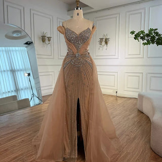 Ships in 2 to 5 Days - Luxury Red Beaded Mermaid Evening Dress – Gown with Overskirt and Thigh-High Slit