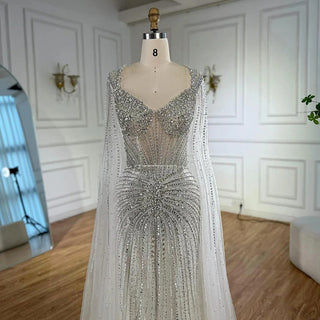 Ships in 2 to 5 Days - Luxury Nude Beaded Evening Dress – Saudi-Inspired Formal Gown with Cape Sleeves