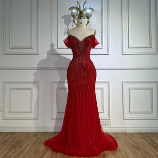 Ships in 2 to 5 Days -2025 Custom Saudi-Style Off-Shoulder Beaded Nude Tulle Mermaid Evening Dress – Formal Occasion Gown