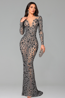 Sheer Floral Embellished Long Sleeve Gown - LAROSABRIDE
