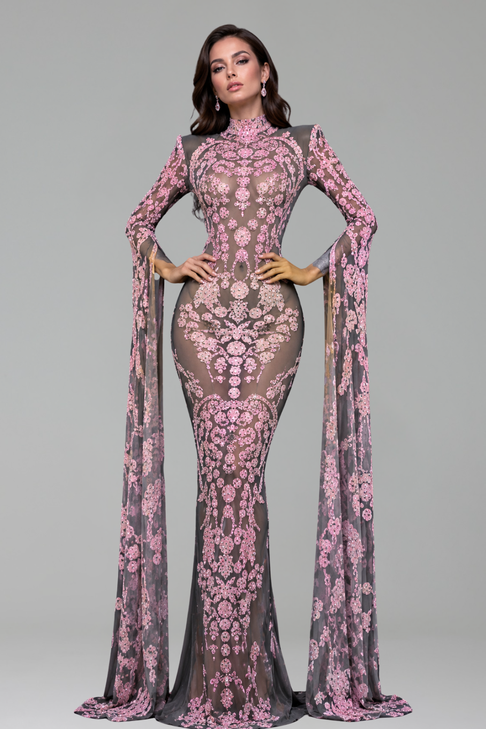 Embroidered Illusion Cape Sleeve Gown - LAROSABRIDE