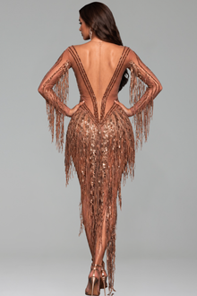 High-Neck Crystal Fringe Illusion Dress - LAROSABRIDE