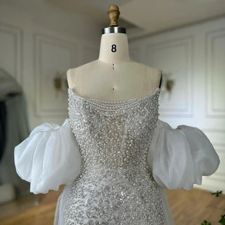 Ships in 2 to 5 Days - 2025 White Beaded Strapless Evening & Wedding Gown with Detachable Puffy Sleeves – Formal Party Dress