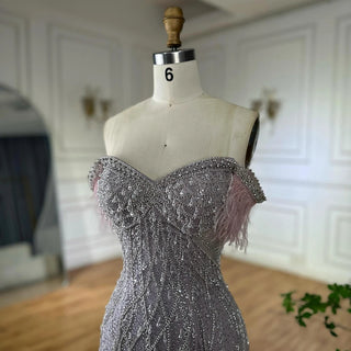 Ships in 2 to 5 Days -2025 Custom Nude Beaded Mermaid Evening Dress – Formal Gown with Feathered Details