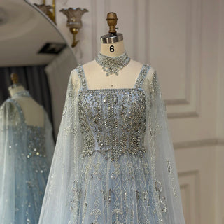 2025 Arabic Nude A-Line Cape Sleeve Crystal Beaded Saudi Evening Dresses Gowns for Formal Occasions