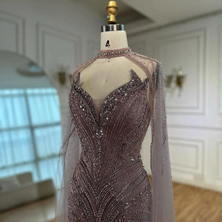 Ships in 2 to 5 Days -Caramel Beaded Feathered Mermaid Evening Dress with Detachable Cape Sleeves – Gown for Formal Occasions