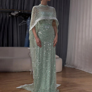 Ships in 2 to 5 Days - Luxury Nude Mermaid Evening Gown with Long Cape – Saudi Arabic Formal Dress