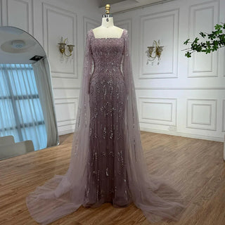 Ships in 2 to 5 Days - Luxury Caramel Saudi-Inspired Evening Dress – Elegant Gown with Long Sleeves and Flowing Cape