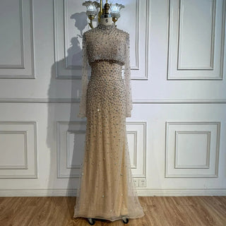 Turquoise Beaded Mermaid Evening Dress with Detachable High-Neck Overlay and Strapless Inner Gown