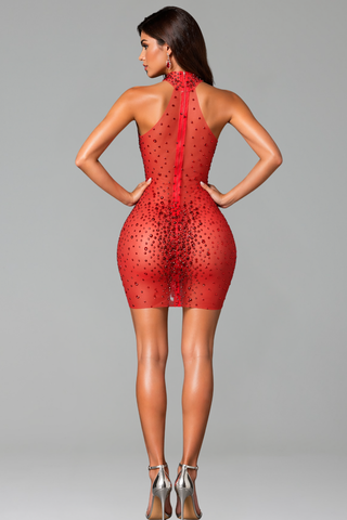 High Neck Beaded Illusion Mini Dress
