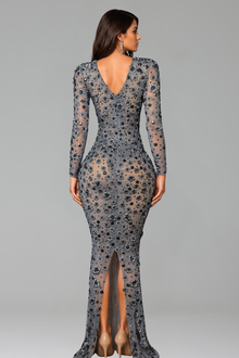 Sheer Floral Embellished Long Sleeve Gown - LAROSABRIDE
