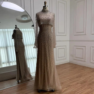 Turquoise Beaded Mermaid Evening Dress with Detachable High-Neck Overlay and Strapless Inner Gown