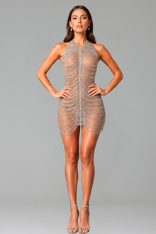 Crystal Chain Halter Mini Dress - LAROSABRIDE