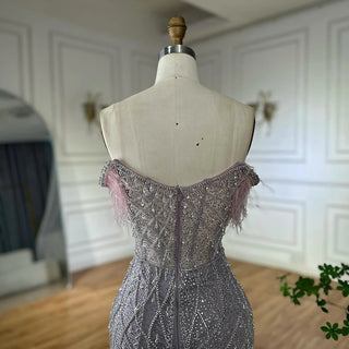 Ships in 2 to 5 Days -2025 Custom Nude Beaded Mermaid Evening Dress – Formal Gown with Feathered Details