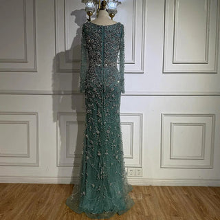 Ships in 2 to 5 Days - Luxury Nude Crystal Beaded Mermaid Evening Gown with Long Sleeves – Designer Formal Dress