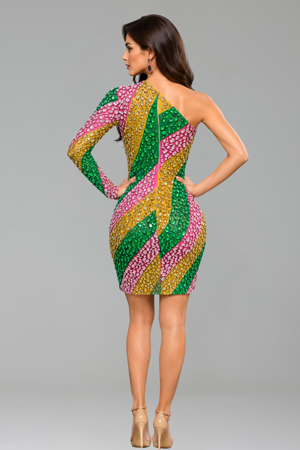 One-Shoulder Crystal Stripe Mini Dress - LAROSABRIDE