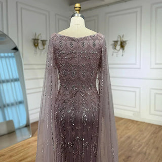 Ships in 2 to 5 Days - Luxury Caramel Saudi-Inspired Evening Dress – Elegant Gown with Long Sleeves and Flowing Cape