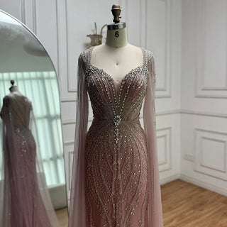 Ships in 2 to 5 Days - Luxury Beige-Pink Beaded Evening Gown – 2025 Formal Dress with Cape Sleeves