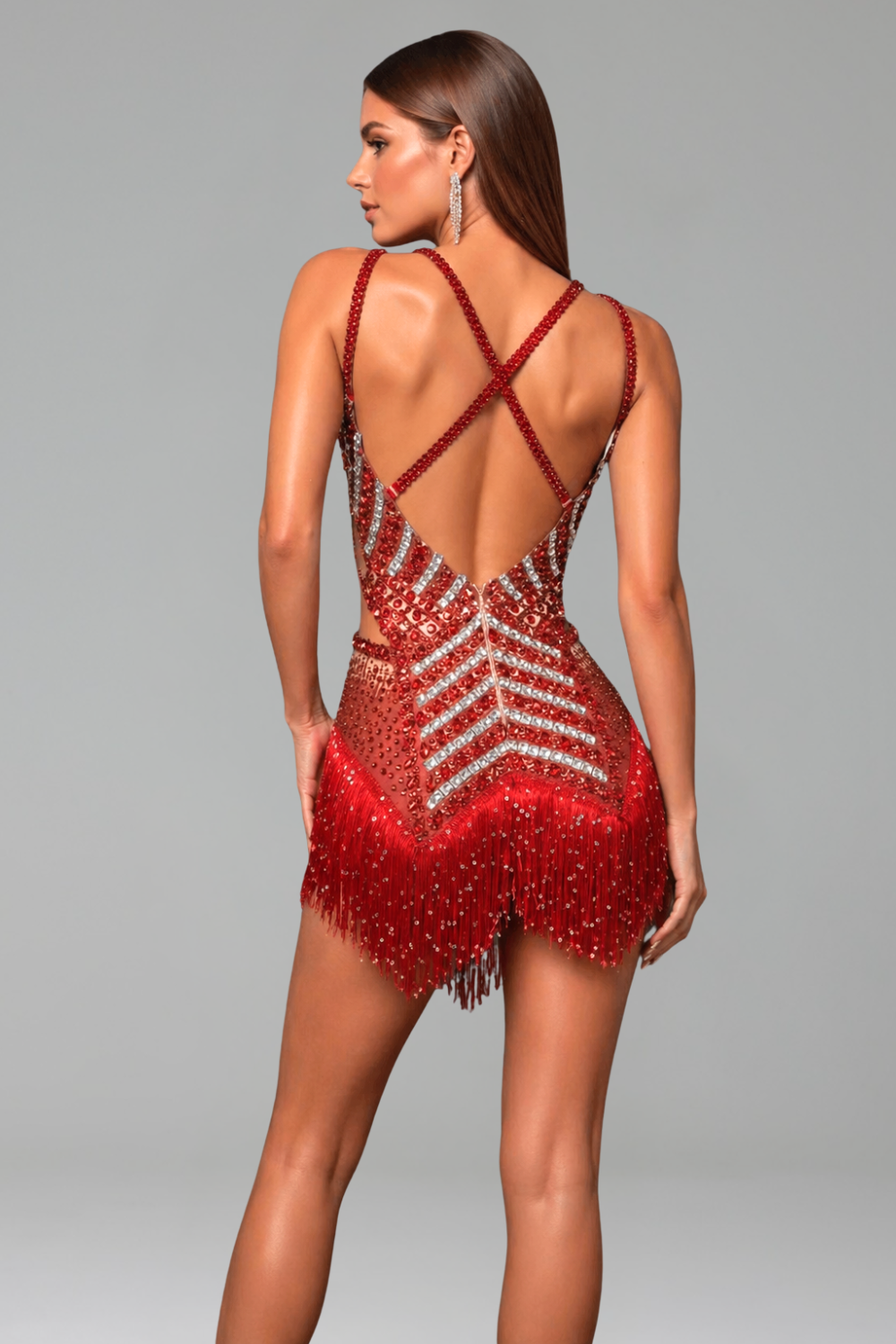 Beaded Fringe Cutout Mini Dress - LAROSABRIDE